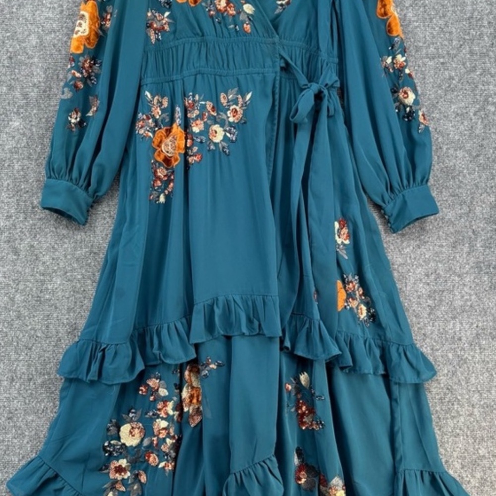 ISO: anthropologie Teal Floral Ruffle Wrap Dress